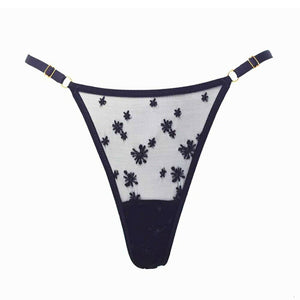 String Réglable Noir brodé d’étoiles en tulle français brodé et élastiques satinés anneaux et sliders plaqués or 24k entrejambe est doublé en jersey de rayonne doux