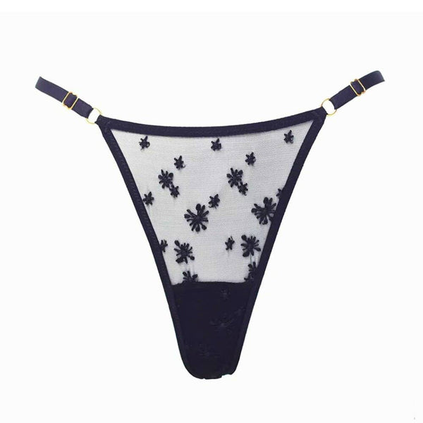 String Réglable Noir brodé d’étoiles en tulle français brodé et élastiques satinés anneaux et sliders plaqués or 24k entrejambe est doublé en jersey de rayonne doux
