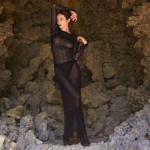 Robe noire transparente avec laçage et manches longues, robe lingerie femme élégante en extérieur