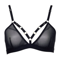 Soutien-gorge souple Moon FLASH en tulle noir avec sangles ajustables, porté sur mannequin, silhouette graphique et détails visibles - Brigade Mondaine Paris