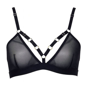 Soutien-gorge souple Moon FLASH en tulle noir avec sangles ajustables, porté sur mannequin, silhouette graphique et détails visibles - Brigade Mondaine Paris