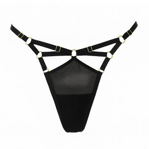 String Bondage Moon en mesh noir avec sangles ajustables et anneaux métalliques, vu de face sur fond blanc, marque FLASH.