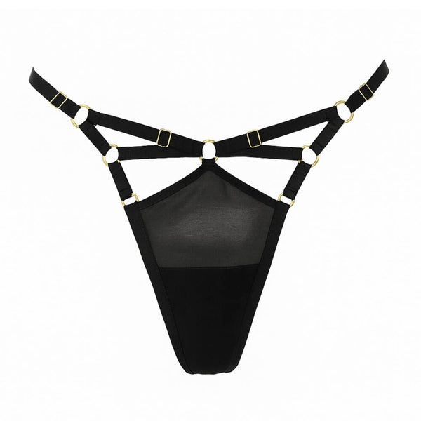 String Bondage Moon en mesh noir avec sangles ajustables et anneaux métalliques, vu de face sur fond blanc, marque FLASH.