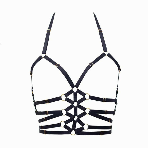 Packshot Harnais Bondage Noir Fabriqué à partir d’un élastique signature et d’accessoires plaqués or 24k