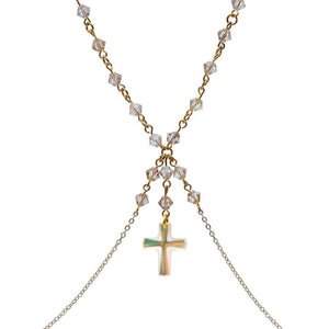 Détail du Packshot du Devant d'un Bijou de Buste Doré avec bijoux Swarovski et Croix