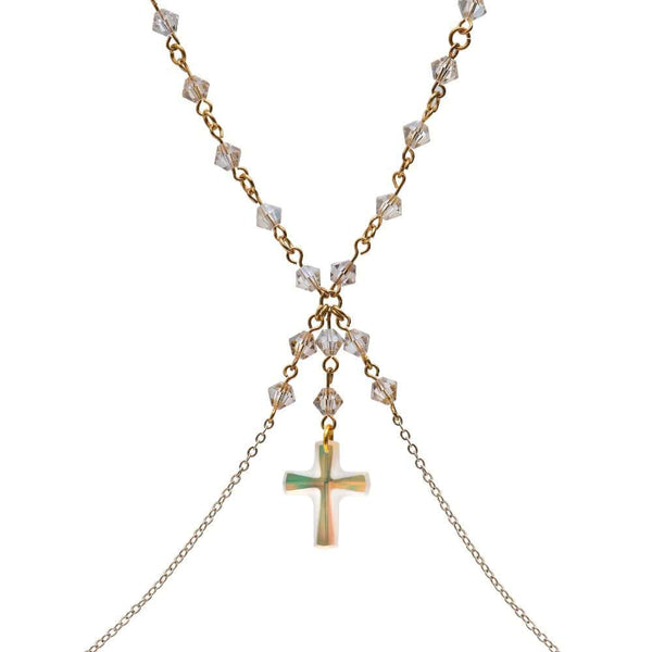 Détail du Packshot du Devant d'un Bijou de Buste Doré avec bijoux Swarovski et Croix