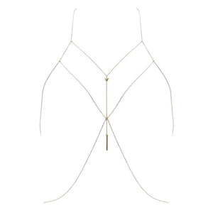 Bijou de corps en or fait à la main avec étoiles filantes pendant et croisé entre les seins FUNGI chez Brigade Mondaine