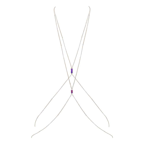 Bijou de corps avec croisement sur la poitrine et pierres violettes dos nu chez Brigade Mondaine