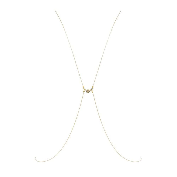 Packshot du Devant d'un Bijou de Buste Doré avec Bijoux Swarovski et Perles de Nacre