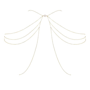 Collier Rise de la collection Deviant Spirits de la marque Fungi Elica D Oro. Ce bijoux de buste est croisé au niveau du plexus solaire avec une perle de couleur or en plaqué Or 24 carats qui les relie. Des épaulettes sophistiquées ornent le haut du corps et sont détaillées de trois petites chaînes avec une perle au sommet. Le bijoux peut être porté de deux manières.