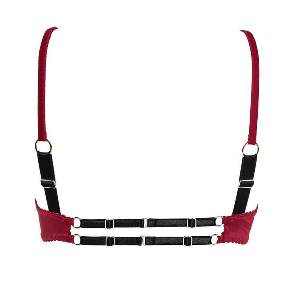 Soutien-gorge bondage corbeille en satin rouge réglable dans le dos GONZALES AFFAIRES chez Brigade Mondaine