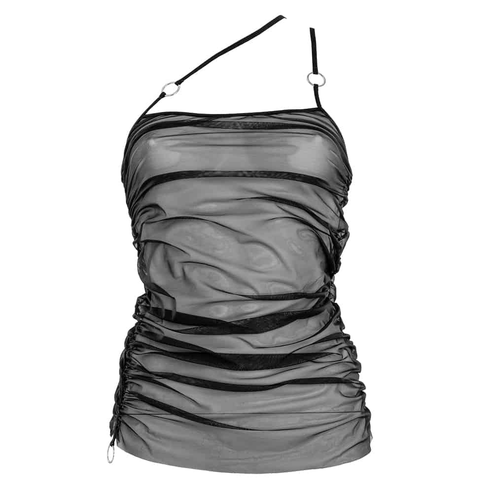 Top les Indolentes Collection Caravasar de la marque Gonzales Affaires. Ce top est en tulle transparent gris. Un effet frappé est présent au niveau du ventre. Une couture sur le côté droit du top permet d’obtenir cet effet de manière encore plus prononcé lorsque l’on tire sur l’anneau à l’extrémité de cette couture. Les bretelles se rejoignent toutes les deux sur l’épaule et donnent de ce fait un aspect asymétrique. Deux anneaux argentés agrémentent ces bretelles. À l’arrière, le haut du dos est nu et les d