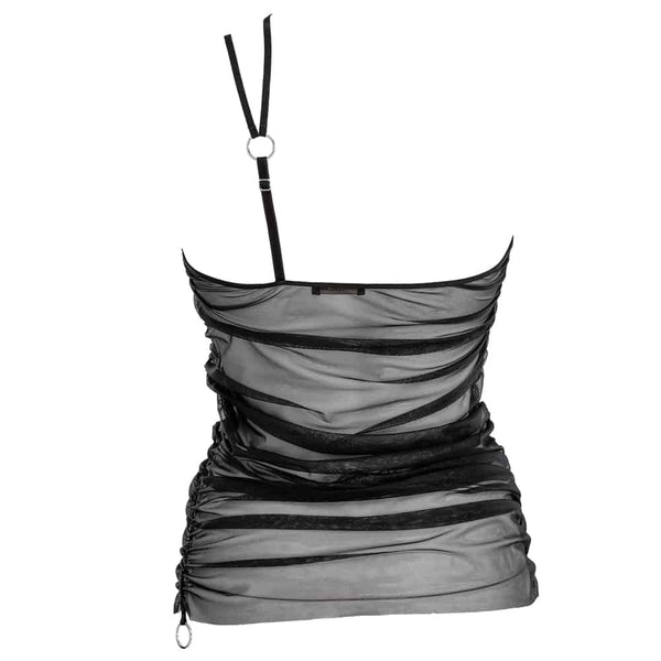 Top les Indolentes Collection Caravasar de la marque Gonzales Affaires. Ce top est en tulle transparent gris. Un effet frappé est présent au niveau du ventre. Une couture sur le côté droit du top permet d’obtenir cet effet de manière encore plus prononcé lorsque l’on tire sur l’anneau à l’extrémité de cette couture. Les bretelles se rejoignent toutes les deux sur l’épaule et donnent de ce fait un aspect asymétrique. Deux anneaux argentés agrémentent ces bretelles. À l’arrière, le haut du dos est nu et les d
