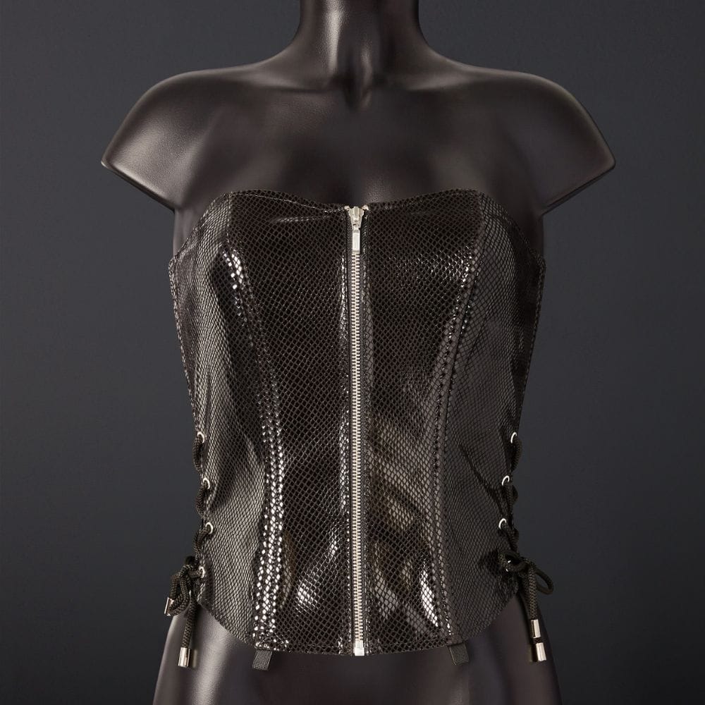 Photo Packshot Corset Cuir Vache Embossé Noir Serpens
