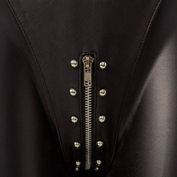 Photo Mannequin du Body en Cuir Noir Ouvert avec un Détail sur Entrejambe avec Fermeture Éclair et Clou