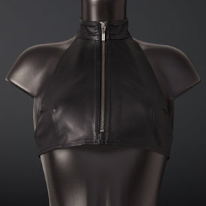 Top en cuir de mouton noir zippé à col montant zip central et dos entièrement ouvert à nouer