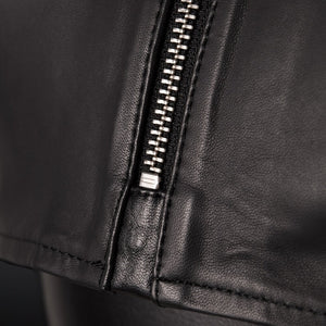 Top en cuir de mouton noir zippé à col montant zip central et dos entièrement ouvert à nouer