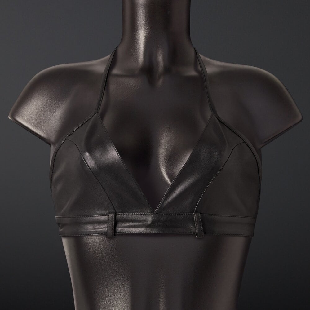 Top soutien-gorge style bralette triangle en cuir de mouton noir Dos élastique ajustable et Anneaux d’attache intégrés à l’avant