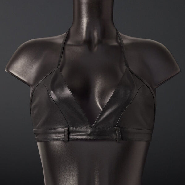 Top soutien-gorge style bralette triangle en cuir de mouton noir Dos élastique ajustable et Anneaux d’attache intégrés à l’avant