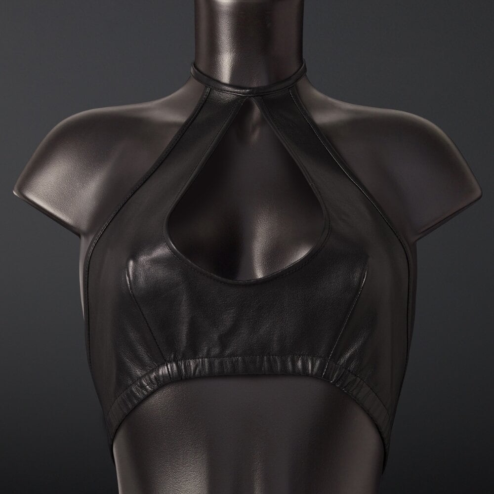 Top Soutien-Gorge en Cuir Noir de Mouton Ouverture centrale en forme de goutte Élastique intégré sous la poitrine non doublé