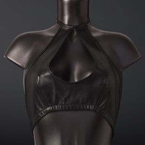 Top Soutien-Gorge en Cuir Noir de Mouton Ouverture centrale en forme de goutte Élastique intégré sous la poitrine non doublé