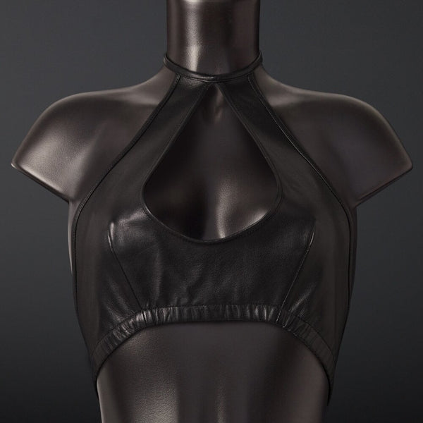Top Soutien-Gorge en Cuir Noir de Mouton Ouverture centrale en forme de goutte Élastique intégré sous la poitrine non doublé