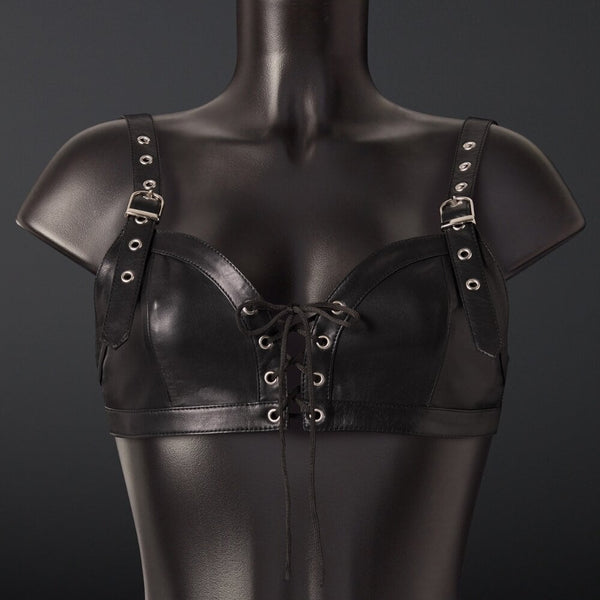 Top Soutien-Gorge en Cuir de mouton pleine fleur Noir laçage central avec œillets métalliques sangles d’épaules réglables avec boucles fermeture par crochet dans le dos non doublé