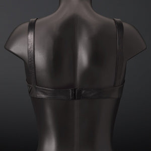 Top Soutien-Gorge en Cuir de mouton pleine fleur Noir laçage central avec œillets métalliques sangles d’épaules réglables avec boucles fermeture par crochet dans le dos non doublé