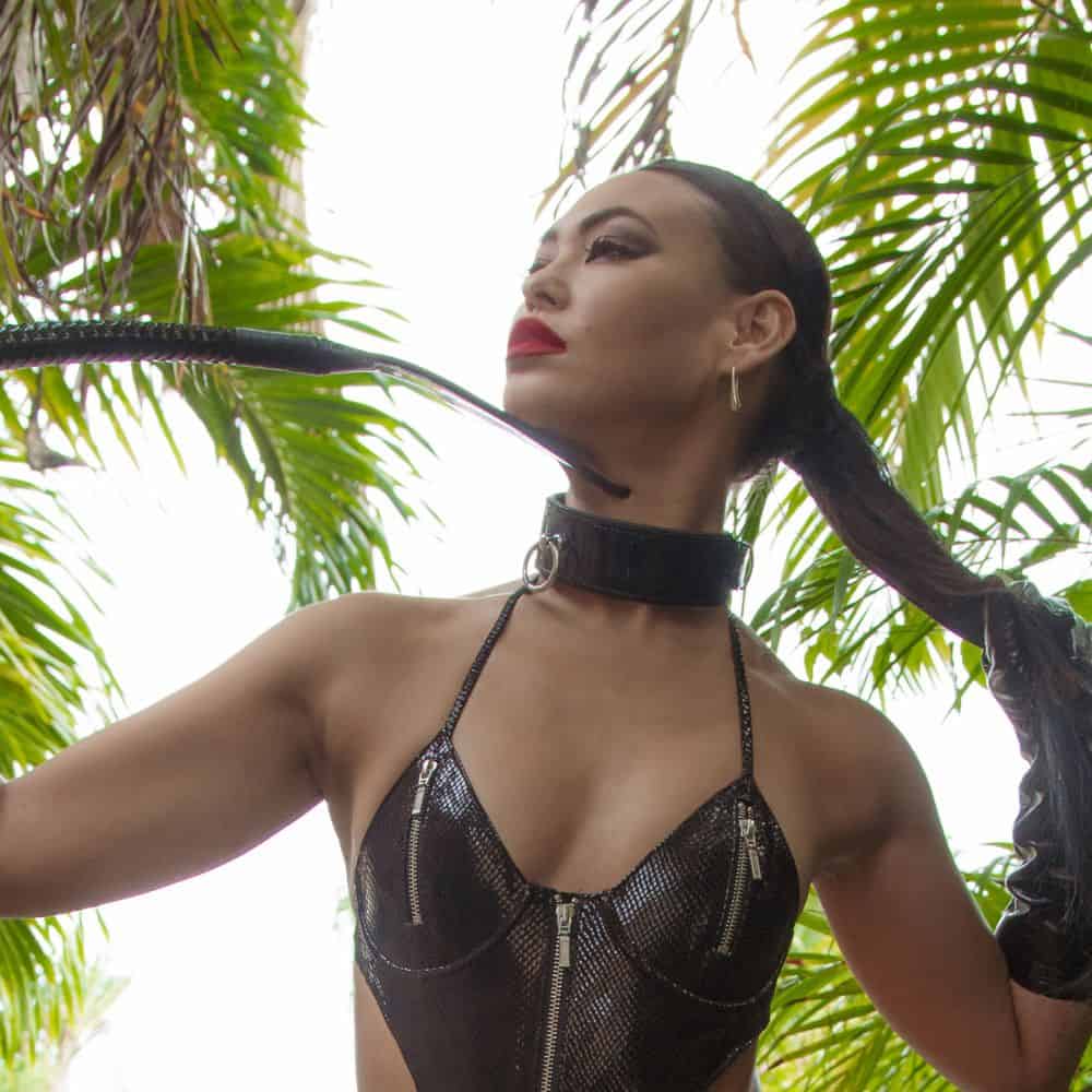 Photo Femme portant Body Cuir Noir Serpens Collier Bondage en Cuir de Vachette Noir et Anneau Métal et Queue d'Impact Noire en Cuir