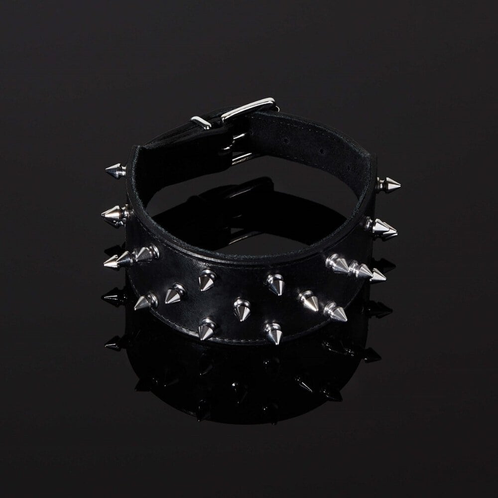 Choker en cuir premium Noir avec Spikes pointes métalliques