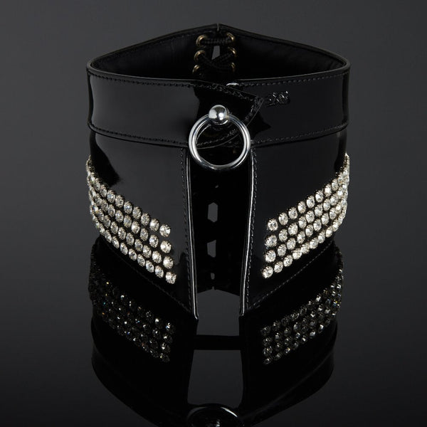 Collier de Posture en Cuir verni noir la structure interne est rigide et la doublure est en peau de mouton rembourrée Orné de 184 cristaux sertis à la main