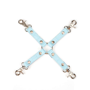 Kit de Bondage Macaron Bleu Menthe LIEBE SEELE, 9 pièces : bandeau, bâillon-boule, collier avec laisse, menottes poignets et chevilles, paddle, flogger, hogtie, mini masseur, similicuir bleu menthe avec finitions argentées.