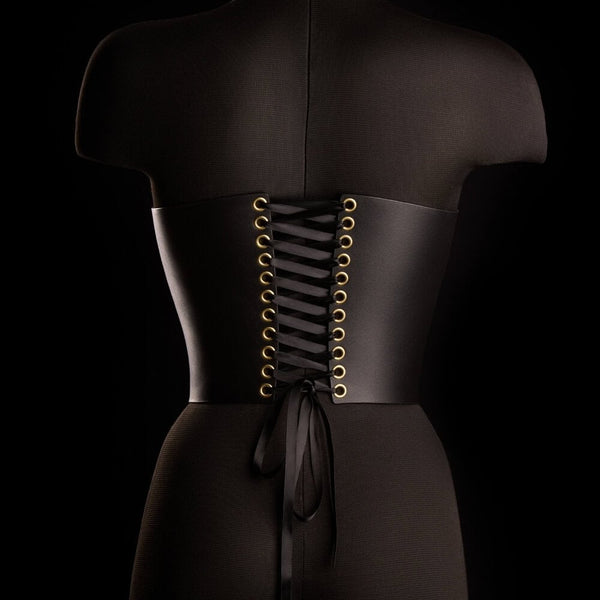 Corset SOPHIA IINFYNII noir avec double fermeture zippée et détail infini doré, corset structurant au design graphique, sélection Brigade Mondaine Paris