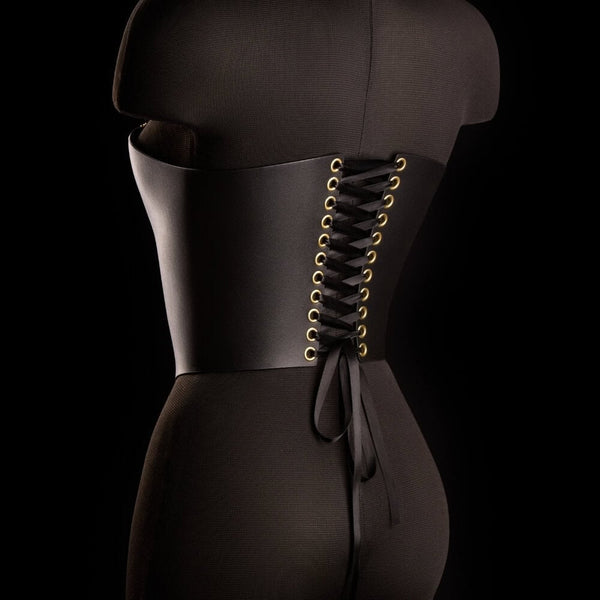 Corset SOPHIA IINFYNII noir avec double fermeture zippée et détail infini doré, corset structurant au design graphique, sélection Brigade Mondaine Paris