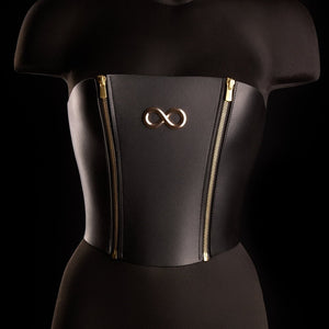 Corset SOPHIA IINFYNII noir avec double fermeture zippée et détail infini doré, corset structurant au design graphique, sélection Brigade Mondaine Paris