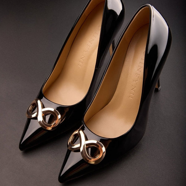 Escarpins CENTOVENTI IINFYNII à talons aiguilles avec détail métallique bijou, chaussures femme noires au design graphique, sélection Brigade Mondaine Paris