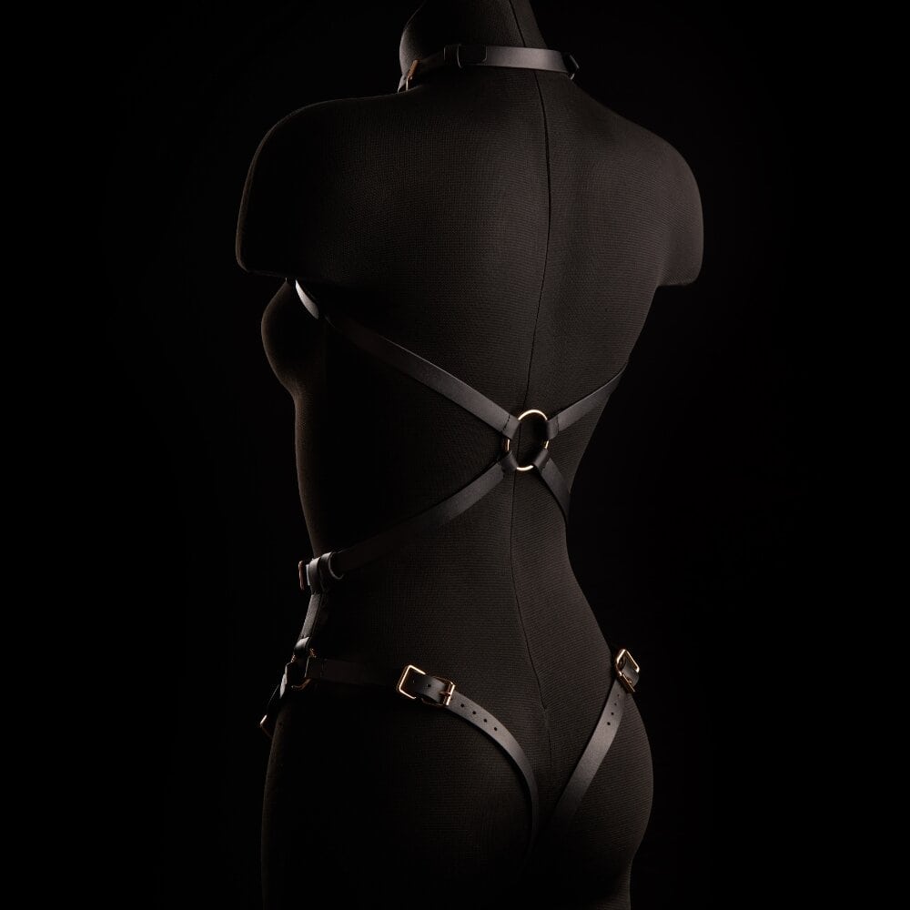 Harnais Siyah 2 pièces IINFYNII présenté chez Brigade Mondaine Paris, composé d’un harnais poitrine et d’un harnais taille en cuir noir, sangles réglables et boucles métalliques dorées.