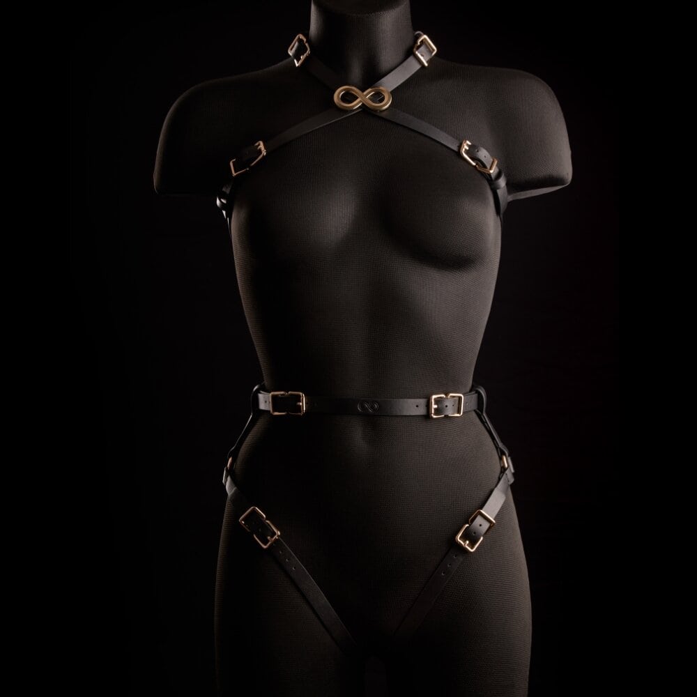 Harnais Siyah 2 pièces IINFYNII présenté chez Brigade Mondaine Paris, composé d’un harnais poitrine et d’un harnais taille en cuir noir, sangles réglables et boucles métalliques dorées.