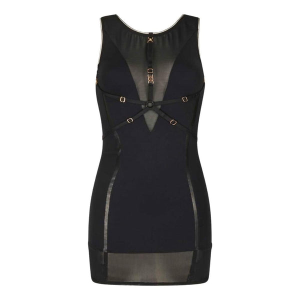 Mannequin portant la robe noire Whitney avec harnais CATANZARO chez Brigade Mondaine Paris, coupe ajustée, détails graphiques, gants longs et collier assorti, photographié en studio.