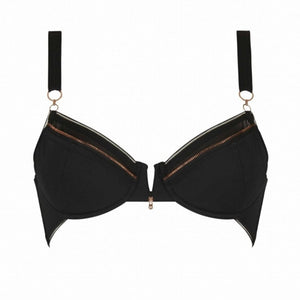 Soutien-gorge Miley CATANZARO noir avec bonnets structurés et fermeture zippée décorative, pièce haut de gamme proposée par Brigade Mondaine, sur fond blanc.