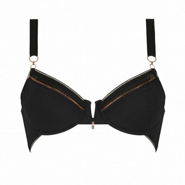 Soutien-gorge Miley CATANZARO noir avec bonnets structurés et fermeture zippée décorative, pièce haut de gamme proposée par Brigade Mondaine, sur fond blanc.