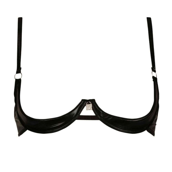 Soutien-gorge ouvert CATANZARO noir porté sur modèle, avec structure apparente et détails brillants, pièce haut de gamme proposée par Brigade Mondaine, sur fond blanc.