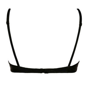 Soutien-gorge ouvert CATANZARO noir porté sur modèle, avec structure apparente et détails brillants, pièce haut de gamme proposée par Brigade Mondaine, sur fond blanc.