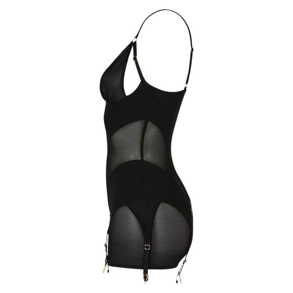 Combishort Billie noir en résille CATANZARO présenté chez Brigade Mondaine Paris, coupe près du corps, jeux de transparence, bretelles fines et attaches ajustables.