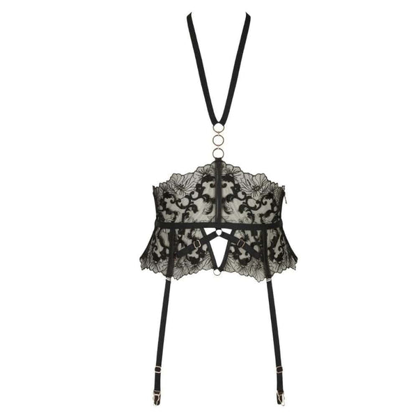 Set Soutien-Gorge, String et Porte-Jarretelles Fallon CATANZARO en dentelle noire et lanières ajustables, porté avec bas, sélection Brigade Mondaine.