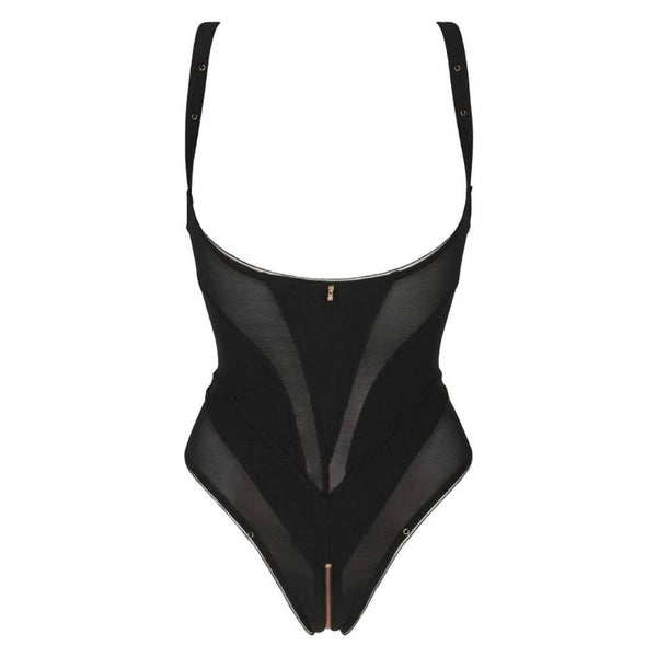 Body Ouvert Jenny CATANZARO noir, coupe ouverte avec jeu de bretelles et résille, porté avec bas filet, pièce proposée par Brigade Mondaine.