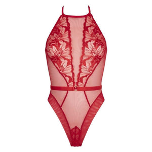 Body Nicole CATANZARO rouge en tulle et dentelle florale, coupe échancrée et col montant, pièce haut de gamme proposée par Brigade Mondaine.