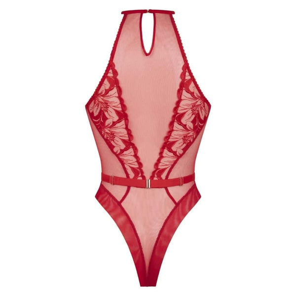 Body Nicole CATANZARO rouge en tulle et dentelle florale, coupe échancrée et col montant, pièce haut de gamme proposée par Brigade Mondaine.