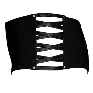 Shorty noir avec côtés ouverts ornés de lanières croisées et boutons-pression métalliques pour une touche glamour et sexy.