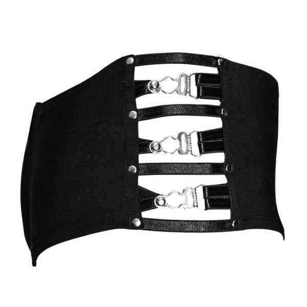 Shorty noir avec lanières et attaches porte-jarretelles sur un côté, alliant sensualité et originalité.